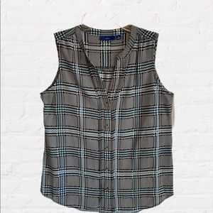 Plaid, blue & black, sleeveless blouse, Henley type front. Small